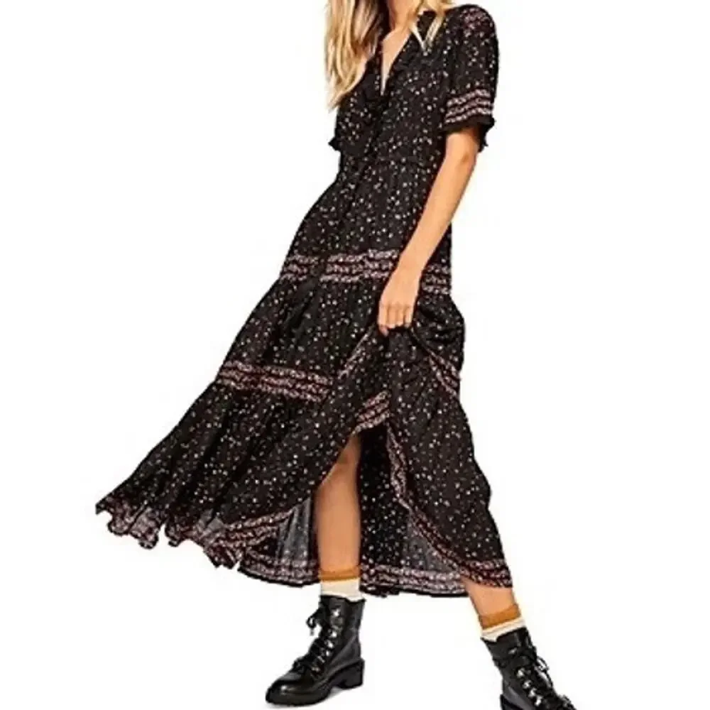 Free People Rare Feeling Black Floral Boho Pleated Tiered Maxi Dress Sz M